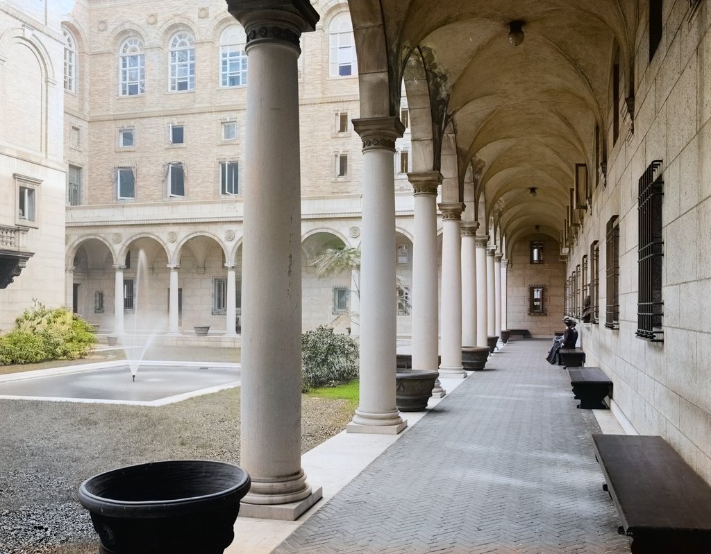Courtyard of the Boston Public Library, about 1909, colorized
