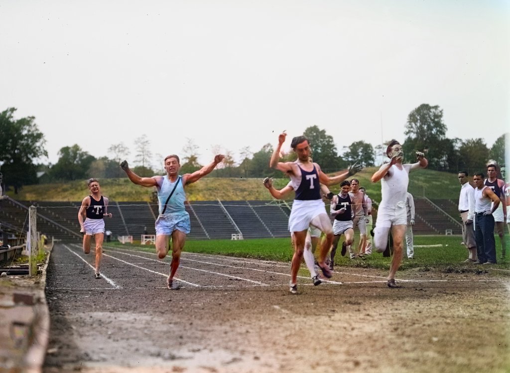 Sprinters at a college track meet, 1928, colorized